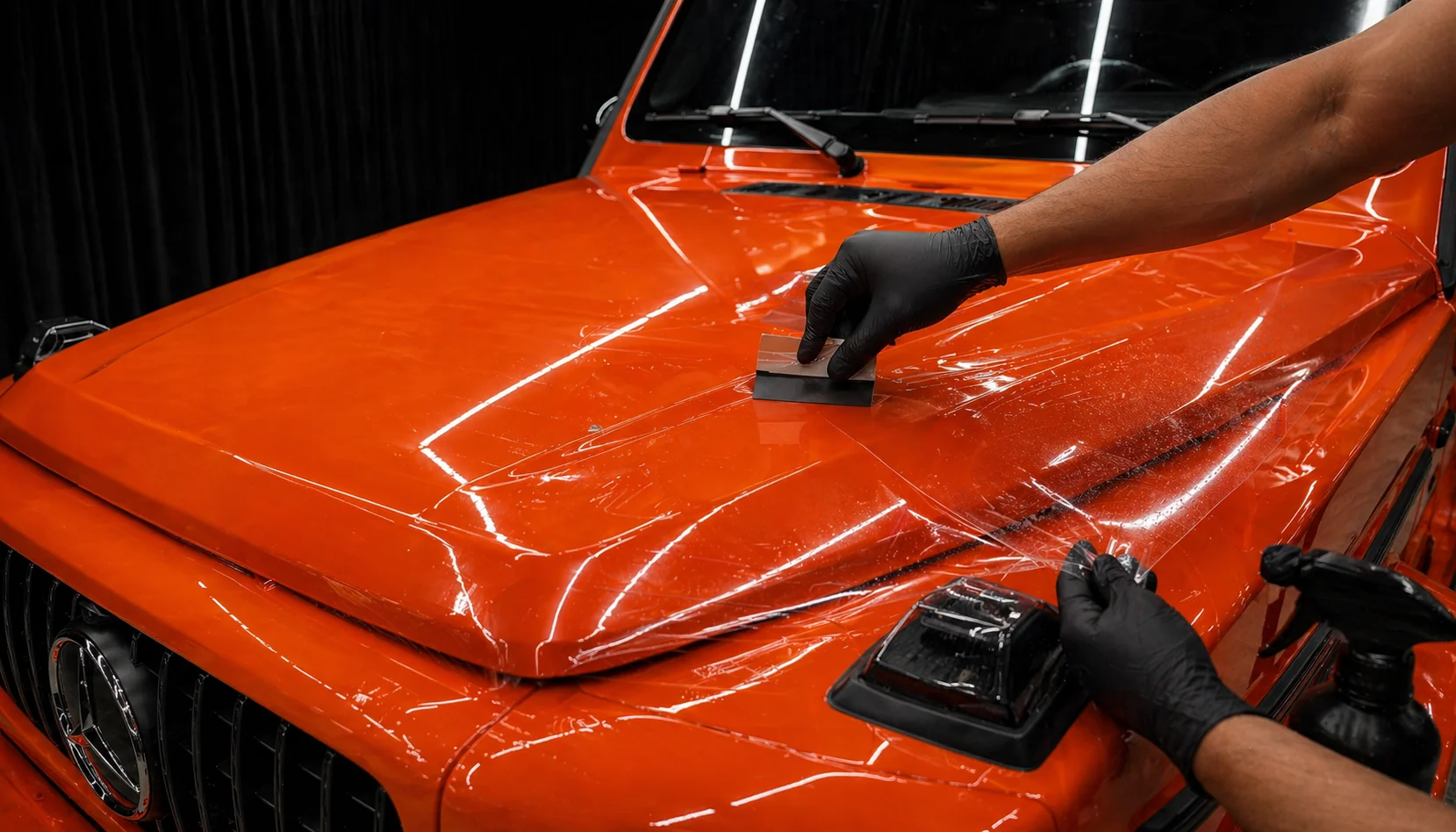 Клеим плёнку прямо на машине, подворачиваем края максимально — для бесшовного результата.